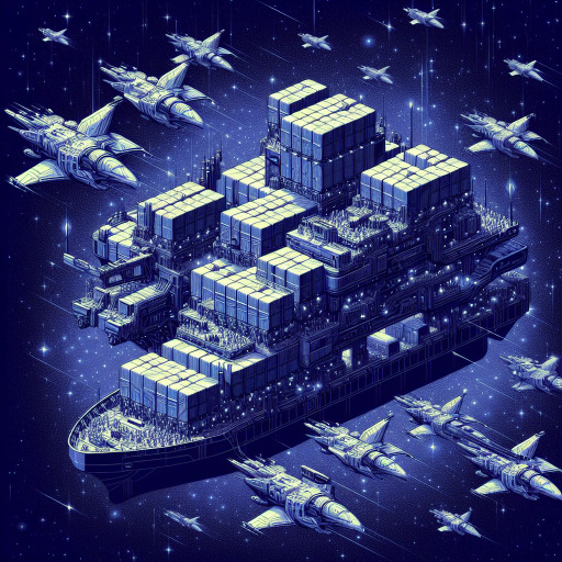 Armored cargo barges linked by holo crates, escorted by small fighters, gold accents over starfield