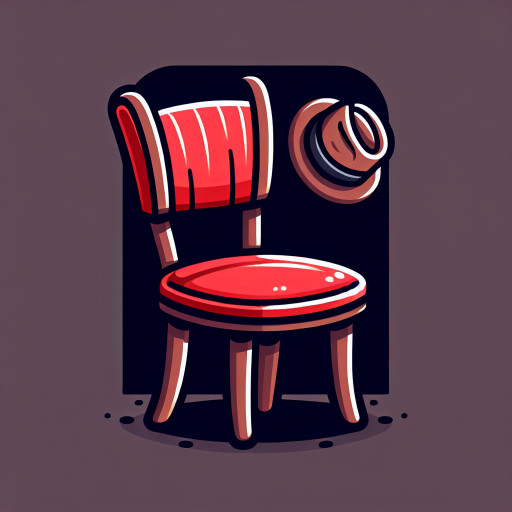 Cartoon icon of an empty chair with a fedora hat hanging on the backrest, simple vector style, clean lines, minimal colors.