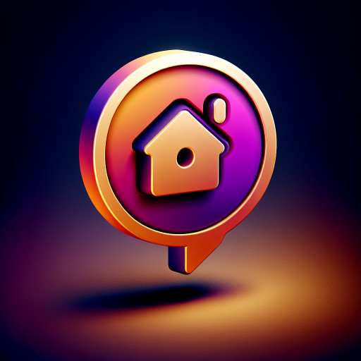Modern 3D gradient logo, speech bubble with home icon, symbolizing smart communication in apartments, warm orange and purple tones, clean and friendly design