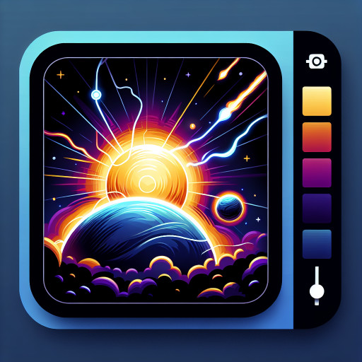 blazing sun ejecting plasma arcs onto a small planet, vivid orange/yellow flares on dark space background