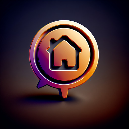 Modern 3D gradient logo, speech bubble with home icon, symbolizing smart communication in apartments, warm orange and purple tones, clean and friendly design