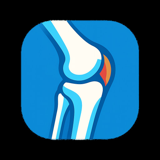 Medical app icon for Digital Knee Twin.
Clean flat vector style, stylized knee joint in side view.
Soft blue and white colors with a small orange stress highlight. Simple geometry, smooth curves,   rounded square icon.
