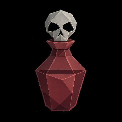 a glass bottle containing a red liquid with a silver skull as a cap