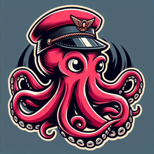 Mascot icon of an octopus wearing a pilot uniform and a fedora hat, clean vector style, bold outlines, minimal colors.