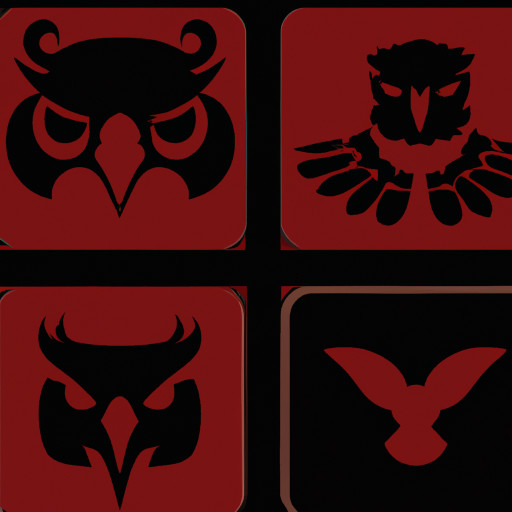 dark red background with rounded corners. bold black silhouettes:  A stylized owl at the top center.  A hawk profile on the lower left, facing left.  A lion profile on the lower right, facing right. The design uses flat vector-style.