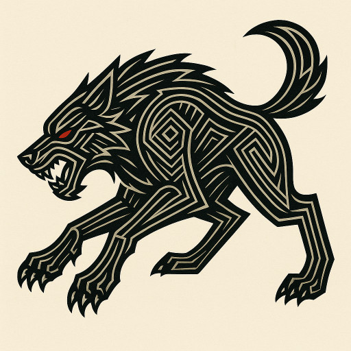 An angry werewolf, with red eyes, side profile in pouncing motion

