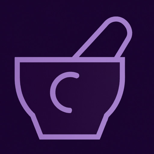 Minimalist, flat line art icon of a mortar and pestle with a small subtle crack. Circular design, professional, modern, clean, no text.
