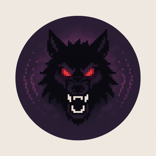 One Piece anime werewolf icon "Deppenses": fierce head with glowing red eyes scanning darkness, purple-red particle waves detecting players, foggy aura, fangs bared, night vision glow, circular 512x512 icon, dark purple background
