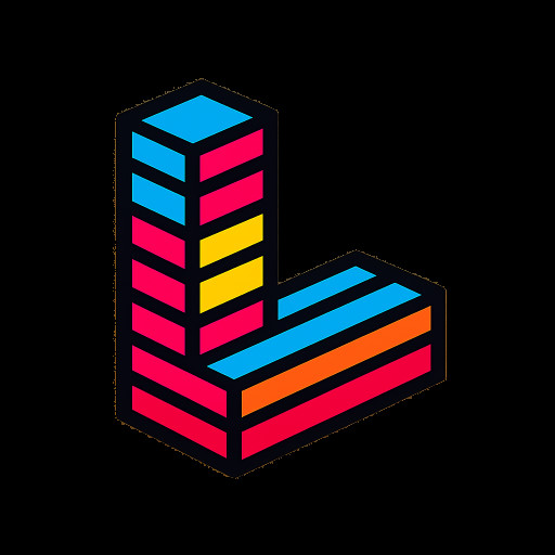 Minimalist black and white logo. Letter "L" built from stacked horizontal layers suggesting architecture and hierarchy. Clean geometric design with parallel lines creating depth. Modern tech aesthetic.