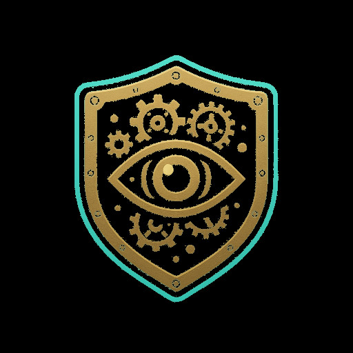 Minimalist app icon, shield shape with a single vigilant eye in the center, deep navy blue (#1E3A5F) background, teal (#00D4AA) accent glow, flat design, clean edges, suitable for small display sizes, no text