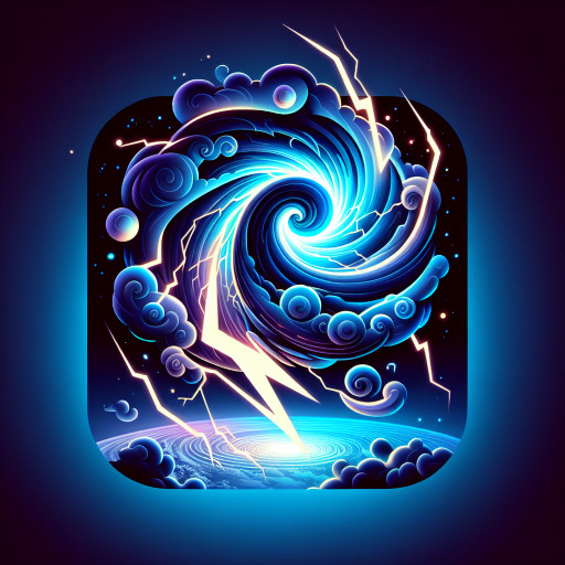 Rolling electrical cloud whipping lightning arcs through orbit, neon blue energy lines against stormy void.