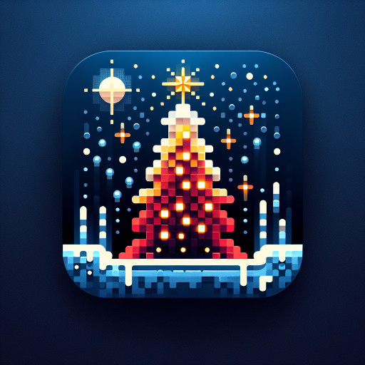 Voxel Christmas Tree with gold star and glowing lights. Blocky, sparkling snow setting. Cold blue background. Ultra-clean, professional, and symmetrical style. Avoid basic 8-bit pixel art. Winter/Holiday theme.