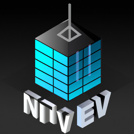 building vector logo of A building: Modern tower with antenna, glass walls, blue/silver, "NewTV" in bold letters.
