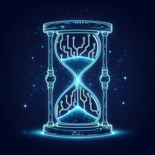 cristal with lot of energyDigital hourglass made of holographic circuit traces, glowing sand flowing upward, deep navy backdrop with star dots.