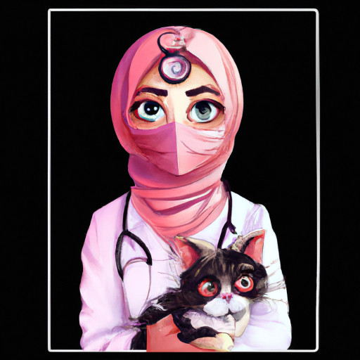 A hijabi vet with blank face wearing medical coat and holding a cat