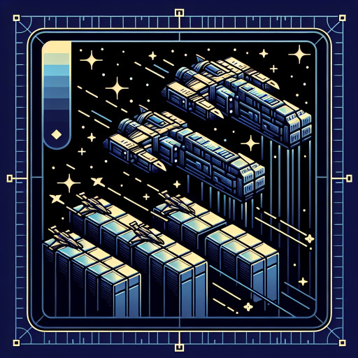 Armored cargo space ships linked by holo crates, escorted by small fighters, gold accents over starfield