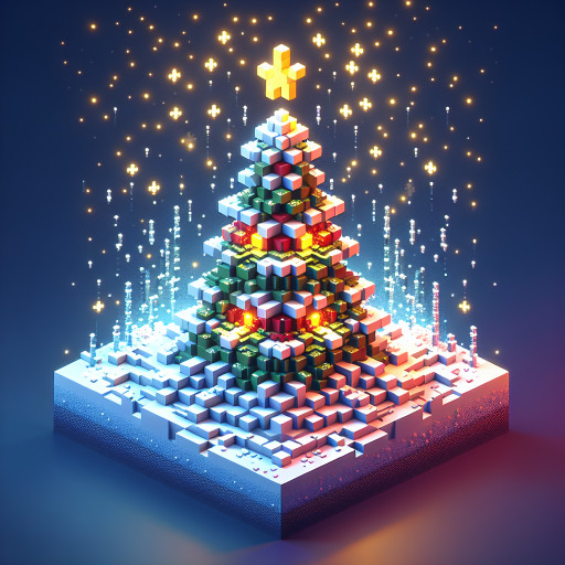 Voxel Christmas Tree with gold star and glowing lights. Blocky, sparkling snow setting. Cold blue background. Ultra-clean, professional, and symmetrical style. Avoid basic 8-bit pixel art. Winter/Holiday theme.