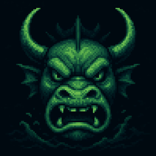 onepiece sea cow face icon, fierce pixel art style, close-up angry front view,  menacing expression, simple dark ocean background, 512x512 square, clean edges, highly detailed pixels, dramatic lighting