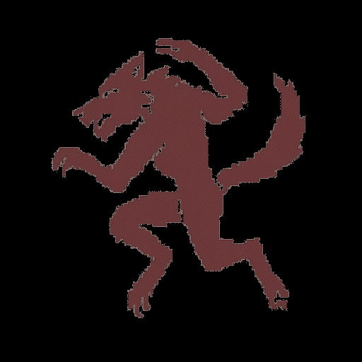 A werewolf side profile, with red eyes, doing a flip dance