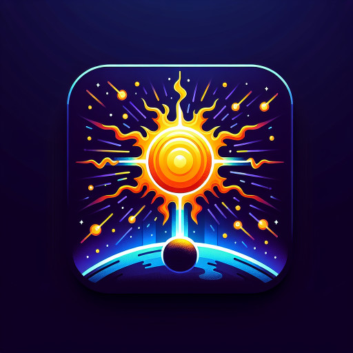 Sci-fi icon of a blazing sun ejecting plasma arcs onto a small planet, vivid orange/yellow flares on dark space background