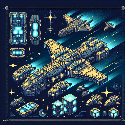 Armored cargo space ships linked by holo crates, escorted by small fighters, gold accents over starfield