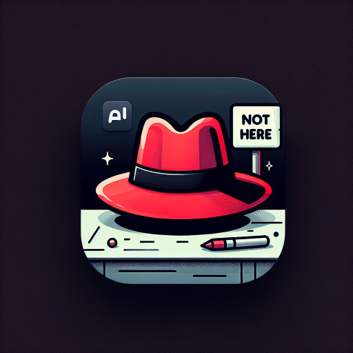 Funny mascot icon of a fedora hat on a table with a small "not here" sign next to it, clean vector style, minimal flat colors.