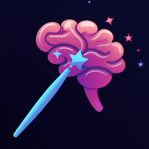 Sleek AI brain with magic wand/digital paintbrush logo. Soft purple, blue, pink gradients, rounded lines, futuristic. App icon/favicon, vector, flat background.