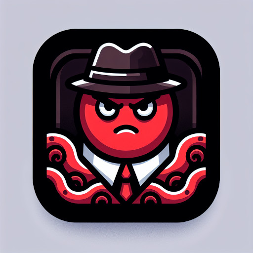 Maskottchen-Logo: Oktopus mit dunklem Fedora im Mafia-Stil, ernster Blick, klarer Vektorstil, starke Konturen, minimale Farben, als Logo.