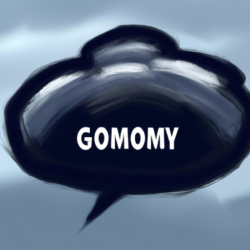 "Gloomy" text within grey colored cloud-shaped talk balloon, and background is blue sky color