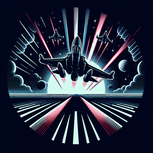 fighter spaceship silhouettes emerging from shadow with red beam streaks across a planet, high-contrast noir palette.