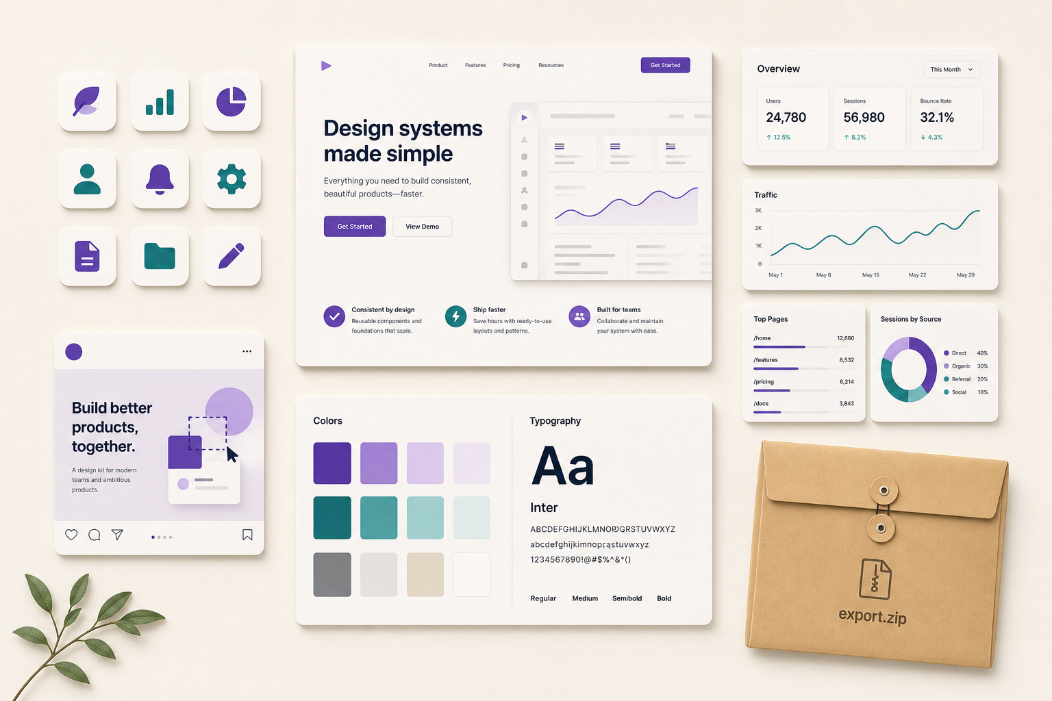 Project starter kit flat lay with icons, landing mockup, dashboard UI, social template, palette swatches, typography, and export files